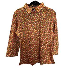 Lands' End Women's Button Up Blouse Orange/Ylw/Grn Citrus Pattern Size 16
